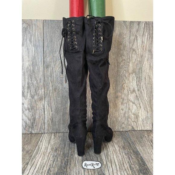 Material Girl Over the Knee High Black Velvet Stretch Boots Women size 5.5 - Picture 6 of 12